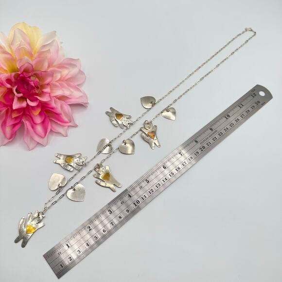 Vintage Silver Tone Cats Hearts Charm Necklace Brass Hearts Lightweight Artisan - Picture 13 of 15